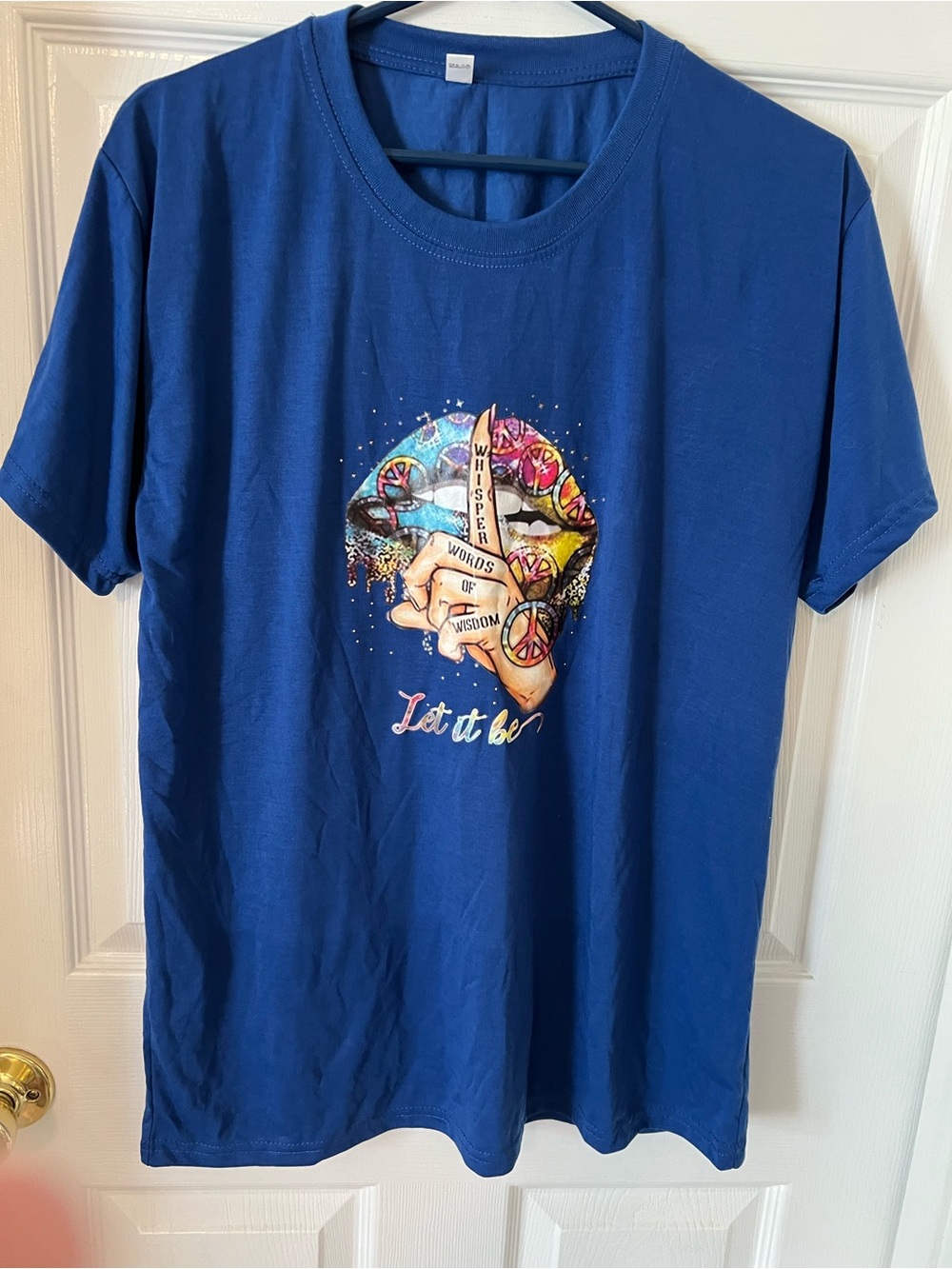 Amazon Royal Blue Women’s Short Sleeve Graphic Tee with Multicolor Peace Lips
